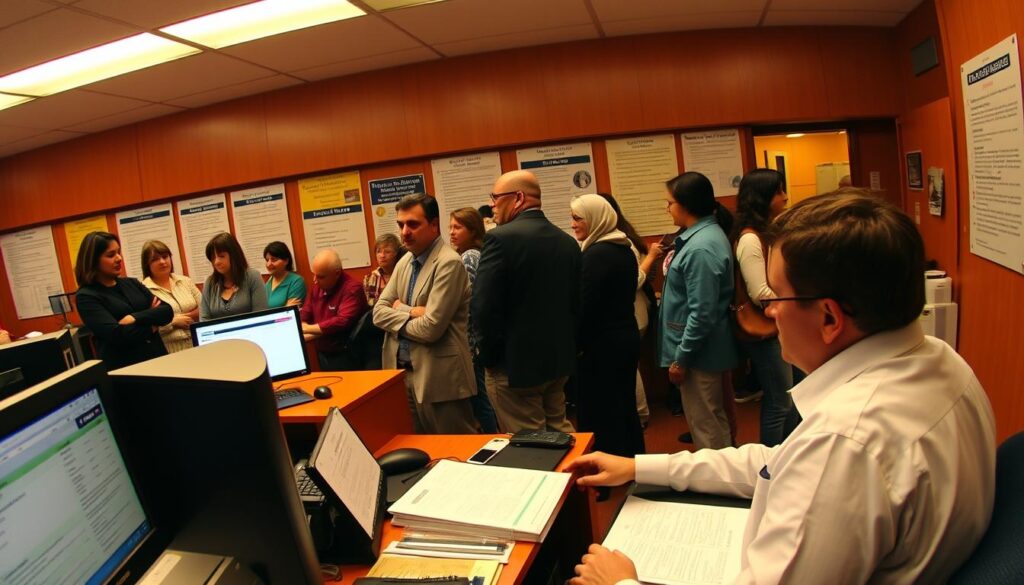 A bustling government office, bathed in warm, fluorescent lighting. In the foreground, a person sits at a desk, intently examining paperwork and computer screens, representing the intricate process of navigating the Social Security Disability Benefits system. In the middle ground, a queue of individuals waits patiently, their expressions conveying the gravity of their situations. The background depicts a wall adorned with informative posters and signage, guiding visitors through the necessary steps to secure their benefits. The scene exudes an atmosphere of bureaucratic efficiency, tinged with the human element of those seeking assistance. A wide-angle lens captures the scene, emphasizing the complex and multifaceted nature of the disability determination process.