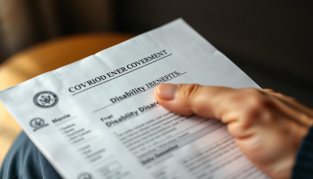 A close-up view of a person's hand holding official government documents related to Crohn's disease disability benefits. The documents have a serious and authoritative appearance, with official seals and stamps visible. The person's hand appears weary, conveying the challenges of navigating the disability benefits system. The background is slightly blurred, creating a sense of focus on the documents and the personal, human element of the process. The lighting is soft and natural, lending a sense of empathy and understanding to the scene. The overall atmosphere is one of determination and resilience in the face of a debilitating chronic illness.