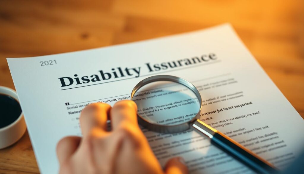 A closeup photograph of a person's hand holding a disability insurance policy document, illuminated by warm, soft lighting. The document features a magnifying glass on it, symbolizing the need to carefully review and understand the policy details. The background is slightly blurred, creating a sense of focus on the insurance document. The image conveys the importance of disability insurance and the need to thoroughly comprehend its coverage and implications.