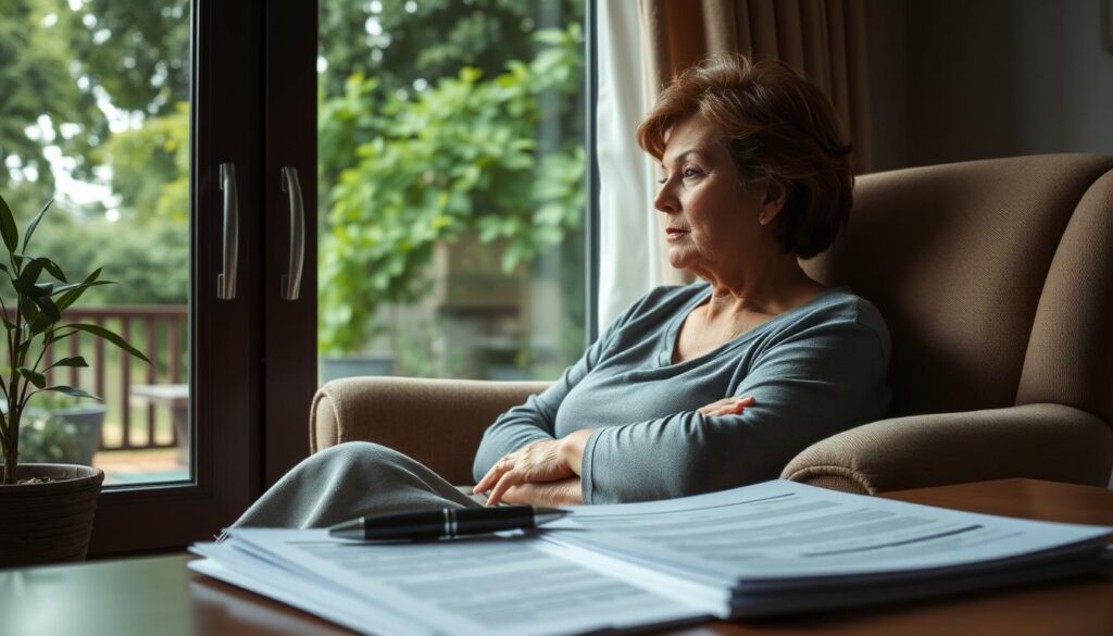 A cozy home interior with a widow seated in a comfortable armchair, gazing pensively out of a window overlooking a lush, verdant garden. Soft, muted lighting creates a serene, introspective atmosphere. The widow's expression conveys a mix of contemplation and resilience, as she ponders the financial considerations of her situation. In the foreground, a stack of documents and a pen suggest the paperwork involved in navigating the complexities of widow's benefits. The overall scene evokes a sense of quiet determination and the quiet strength required to navigate the challenges faced by those who have lost a spouse.