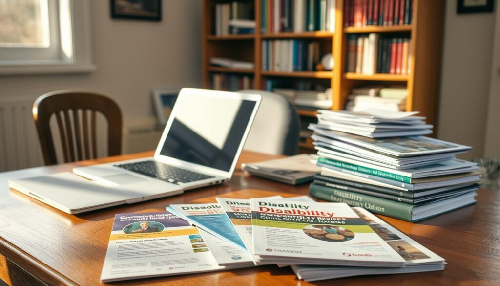A cozy office setting with a wooden desk, a laptop, and a stack of paperwork. Sunlight filters in through a nearby window, casting a warm glow across the scene. On the desk, various brochures and pamphlets about disability benefits and resources are neatly arranged, including information on government aid programs, community organizations, and support services. The atmosphere is one of calm, professionalism, and a sense of guidance and assistance for those in need. A well-stocked bookshelf in the background suggests a wealth of knowledge and resources available to the viewer.
