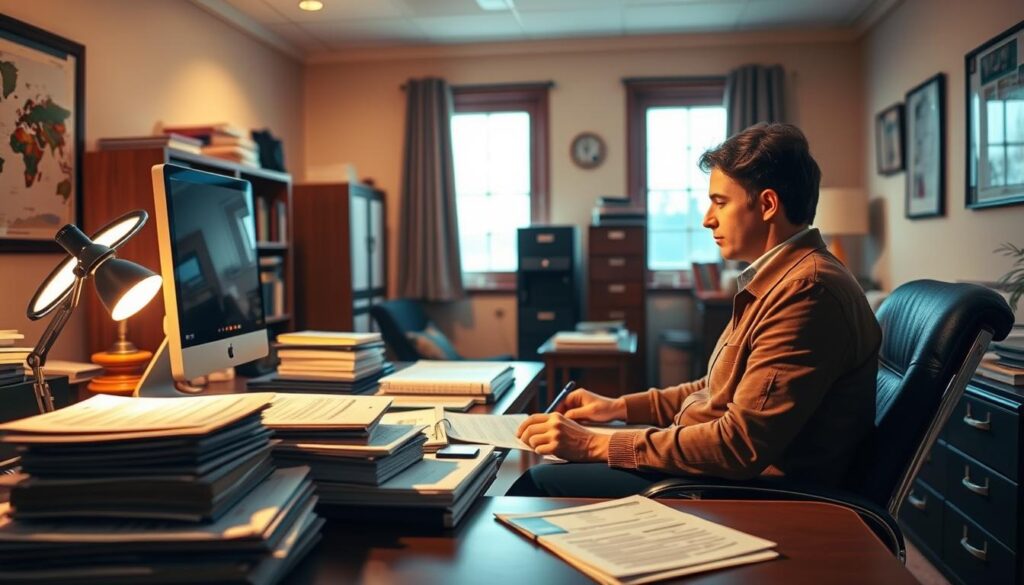 A cozy, well-lit office with a desk, computer, and stacks of paperwork, representing the disability benefits application process. In the foreground, a person sitting at the desk, meticulously filling out forms. Warm, indirect lighting casts a comfortable glow, creating a sense of focus and diligence. In the middle ground, bookshelves and filing cabinets suggest the administrative nature of the task. The background features a window, providing a glimpse of the outside world, conveying the importance of this process in the life of the applicant. The overall mood is one of determination and professionalism, reflecting the gravity of the situation.