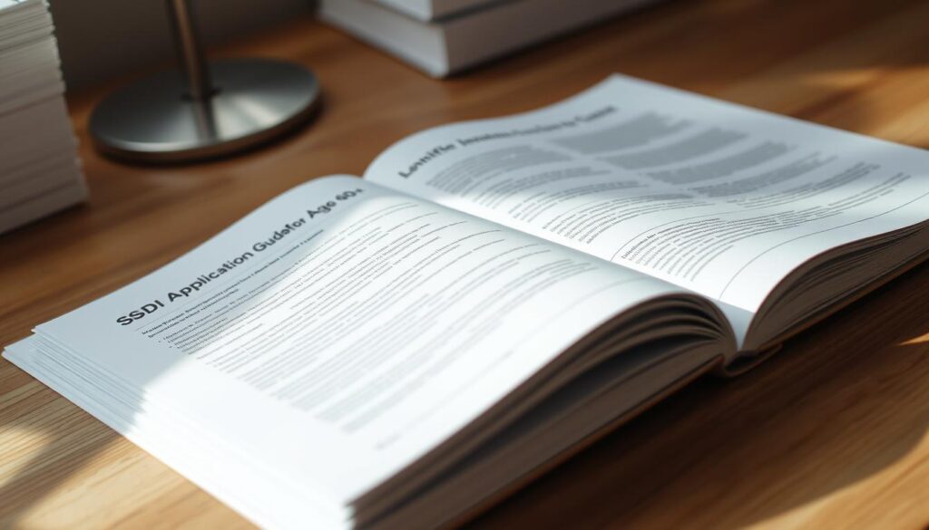 A crisp, clean-looking document titled "SSDI Application Guide for Age 60+" lies open on a wooden desk, illuminated by soft, diffused lighting from the side. The pages display concise, well-organized information presented in an easy-to-read layout, with clear headings, bullet points, and subtle graphics. The document conveys a sense of authority and professionalism, designed to guide older adults through the SSDI application process with clarity and confidence. The background is slightly blurred, keeping the focus on the informative guide. The overall tone is one of reassurance and helpfulness, reflecting the importance of this resource for those seeking SSDI benefits.