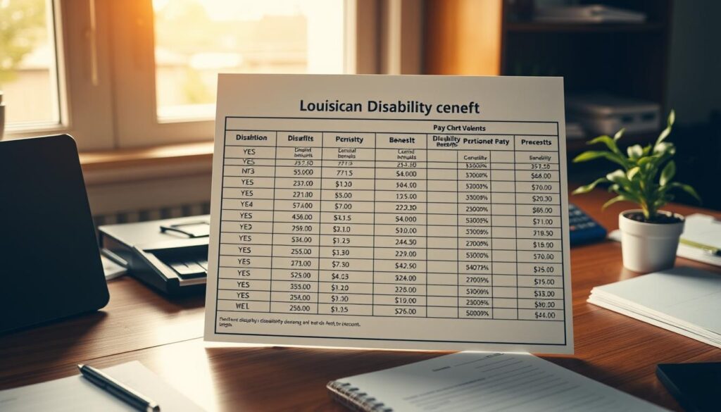 A detailed Louisiana disability benefits pay chart displayed on a wooden desk, with a warm, natural lighting from a window. The chart features a clean, professional layout with clearly labeled columns and rows, showcasing the various benefit amounts based on disability levels. The desktop setting includes a few office accessories like a pen, notepad, and a potted plant, creating a sense of an organized and informative work environment. The overall mood is one of credibility and attention to detail, reflecting the importance of this information for Louisiana residents seeking disability assistance.