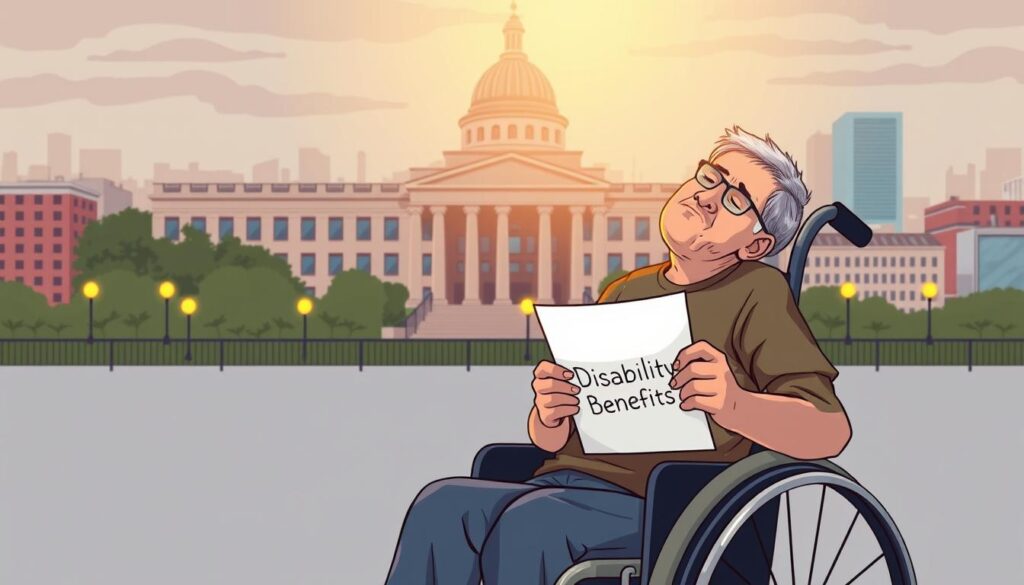 A detailed illustration of a person with Crohn's disease receiving disability benefits. In the foreground, a person sits in a wheelchair, their face weary but hopeful. They hold a document marked "Disability Benefits" in their hands. In the middle ground, a government building symbolizes the bureaucratic process, its architecture imposing yet inviting. The background features a cityscape, suggesting the broader social and economic context. The lighting is soft and reassuring, casting a warm glow over the scene. The overall mood conveys the struggle and resilience of those navigating the Crohn's disease disability benefits system.