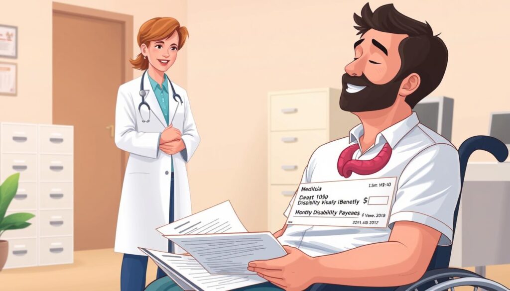 A detailed illustration of a person with Crohn's disease receiving disability benefits. In the foreground, a man sits in a wheelchair, his face expressing relief and gratitude. He is surrounded by medical documents and a check representing his monthly disability payments. In the middle ground, a healthcare professional in a white coat stands nearby, offering guidance and support. The background features a modern office setting with filing cabinets and a computer, conveying the administrative processes involved in obtaining disability benefits. Soft, diffused lighting creates a warm, reassuring atmosphere, highlighting the importance of government assistance for those living with chronic illnesses.