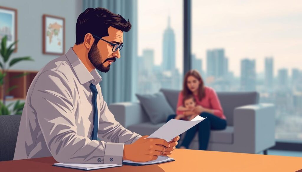 A detailed illustration of life insurance and disability benefits, captured in a warm, professional style. In the foreground, a financial advisor sits at a desk, discussing policy documents with a concerned client. In the middle ground, a family relaxes in their home, conveying a sense of financial security. The background features a gently blurred city skyline, bathed in soft, natural lighting. The overall scene evokes a sense of trust, reliability, and care - key attributes of a comprehensive financial plan that includes life insurance and disability coverage.