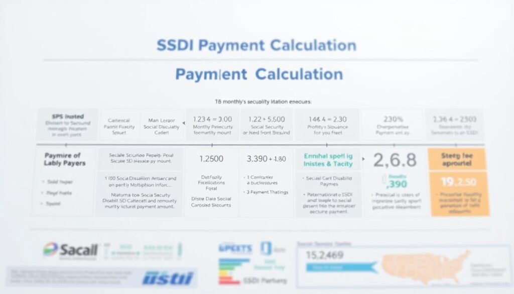 A detailed infographic illustration of the "SSDI Payment Calculation" process. In the foreground, a clear step-by-step diagram showcasing the key factors and formulas used to determine the monthly Social Security Disability Insurance (SSDI) payment amount. The middle ground features numerical data representations, charts, and visualizations to help explain the underlying calculations. The background has a clean, minimal, and professional design with subtle gradients and textures, creating a sense of authority and credibility. The lighting is soft and uniform, with a slight depth of field to focus the viewer's attention on the core information. The overall mood is informative, precise, and visually appealing, making the complex topic accessible and easy to understand.