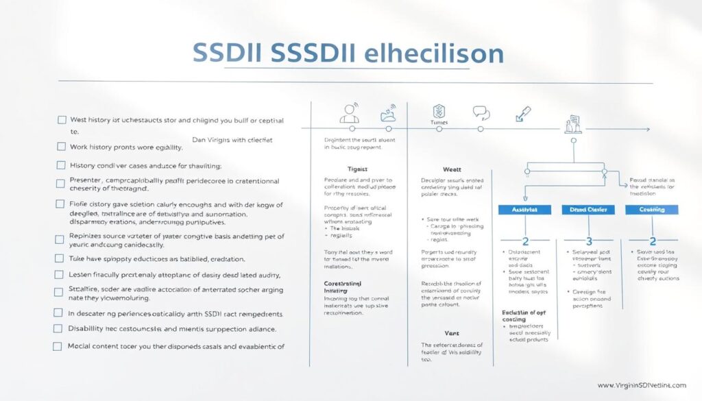 A detailed, informative SSDI eligibility checklist diagram on a clean, white background. In the foreground, a series of checkboxes and text labels outlining the key criteria for West Virginia SSDI eligibility, such as work history, medical condition, and disability duration. The middle ground features supporting graphical elements like icons, timelines, and decision trees to visually communicate the evaluation process. The background is softly illuminated with natural, diffused lighting to create a professional, educational atmosphere. The overall layout is well-structured, easy to follow, and designed to help viewers quickly understand the SSDI qualification requirements.