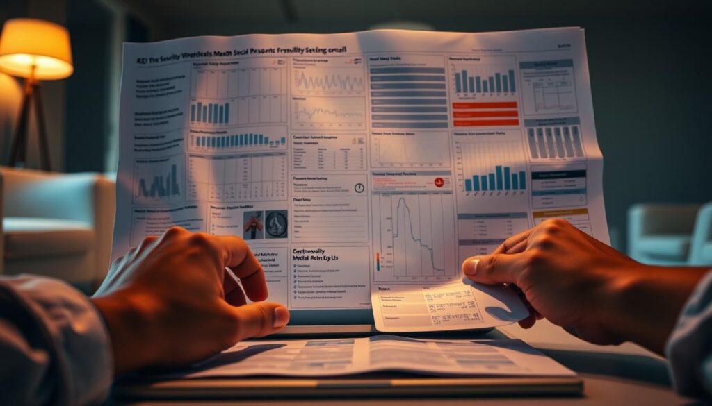 A detailed medical chart displaying various diagnostic reports and test results, illuminated by warm, soft lighting that casts a pensive, introspective atmosphere. In the foreground, a pair of hands carefully arranges the documents, symbolizing the diligent effort required to gather comprehensive medical evidence for a Social Security Disability Insurance (SSDI) application. The middle ground features a laptop or tablet, representing the digital record-keeping and documentation process. The background subtly suggests a professional medical setting, with clean, modern furnishings and a serene, calming color palette to convey the gravity and importance of the task at hand.