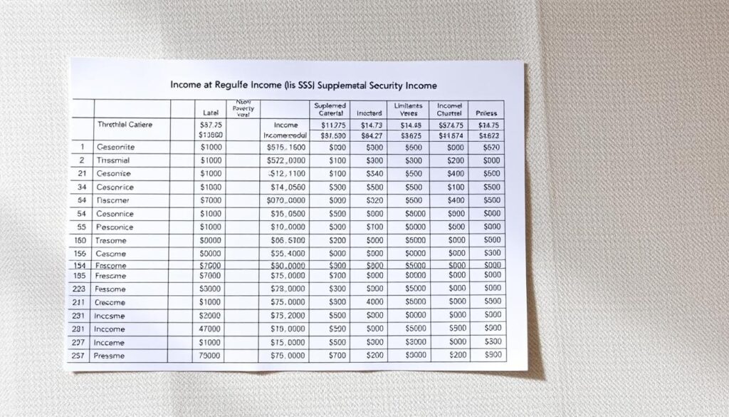 A detailed spreadsheet displaying income thresholds and limitations for Supplemental Security Income (SSI) benefits, set against a subtly textured background. The spreadsheet occupies the central focus, with carefully designed columns and rows showcasing various income criteria. The lighting is balanced, creating a sense of clarity and professionalism. The overall composition guides the viewer's attention to the key financial details, conveying the essential information required to understand the non-disability requirements for SSI eligibility.