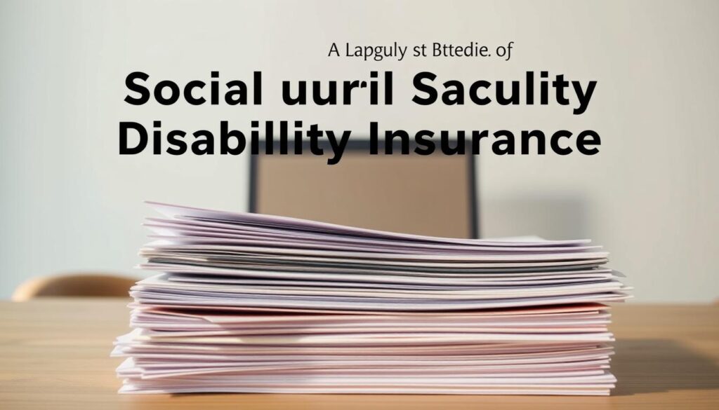 A detailed step-by-step guide to applying for Social Security Disability Insurance (SSDI) against a clean, professional backdrop. The foreground features a neatly organized stack of documents, including application forms, medical records, and other supporting materials, illuminated by warm, directional lighting that casts subtle shadows. The middle ground depicts a laptop or desktop computer, symbolizing the digital aspects of the process, while the background showcases a serene, minimalist office setting with muted colors and clean lines to convey a sense of efficiency and organization. The overall mood is one of clarity, professionalism, and accessibility, encouraging the viewer to navigate the SSDI application journey with confidence.