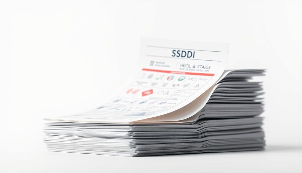 A highly detailed, crisp, and meticulously rendered digital illustration of a "SSDI medical documentation checklist". The composition features a clean, minimalist layout with a white background. In the foreground, a stack of official-looking documents and forms neatly arranged, showcasing key medical paperwork required for a Social Security Disability Insurance (SSDI) application. The middle ground includes an array of medical icons, symbols, and infographic elements to visually communicate the necessary information. The background subtly incorporates a soft, blurred grid pattern to suggest an organizational structure. The overall mood is professional, organized, and informative, reflecting the serious nature of the SSDI application process.