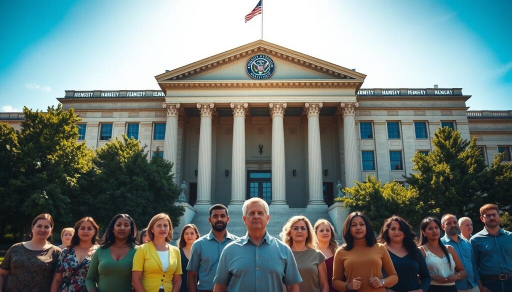 A large, imposing government building with a grand entrance and majestic columns, surrounded by lush greenery and a clear, blue sky. The facade is adorned with the official seal and signage indicating "Social Security Administration". In the foreground, a group of diverse individuals, representing various demographics, stands in front of the building, their expressions conveying both hope and uncertainty as they await their SSDI benefits. The lighting is warm and inviting, casting a sense of reassurance and security. The overall scene evokes a sense of the weight and significance of the SSDI program, serving as a vital safety net for those in need.