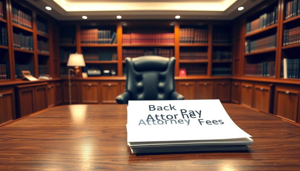 A legal office interior, with a large wooden desk in the foreground. On the desk, a stack of documents labeled "Back Pay" and "Attorney Fees." An executive chair sits behind the desk, and bookshelves line the walls in the middle ground. Warm, indirect lighting creates a professional atmosphere, casting subtle shadows. The room has a sense of order and deliberation, reflecting the careful consideration of financial matters. The overall mood is one of authority and expertise, befitting the subject of understanding lawyer fees for disability claims.