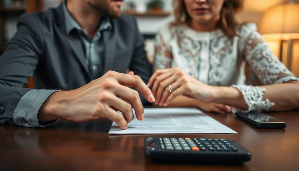 A married couple sitting at a table, contemplating disability benefits and financial planning. The foreground features their hands clasped together, wedding rings visible, paperwork and a calculator on the table, conveying a sense of careful consideration. The middle ground shows their faces in a thoughtful, focused expression, illuminated by warm, soft lighting. The background is a cozy, home-like setting, suggesting a private, intimate moment of decision-making. The overall mood is one of quiet determination, as they navigate the complexities of maintaining disability benefits while starting a new chapter in their lives.