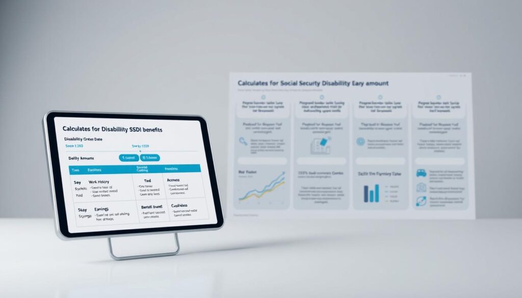 A meticulously designed infographic illustrating the calculation of Social Security Disability Insurance (SSDI) benefits. In the foreground, a sleek graphical interface displays the key factors influencing the benefit amount, such as work history, earnings, and disability onset date. The middle ground features a series of icons and visualizations explaining the step-by-step process, while the background showcases a clean, minimalist layout with subtle shades of blue and gray, creating a professional and authoritative atmosphere. Precise lighting and camera angles highlight the clarity and precision of the information presented, making the image a valuable resource for understanding the intricacies of SSDI benefits calculation.