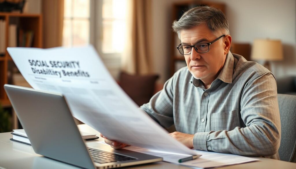 A middle-aged person, possibly a man, sitting at a desk, studying documents related to Social Security Disability Benefits. The desk is clean and organized, with a laptop, a pen, and the documents spread out. The person has a focused, serious expression, suggesting they are carefully reviewing the information. The lighting is soft and natural, coming in through a window in the background, casting a warm glow on the scene. The background is blurred but suggests a comfortable, home-office-like environment. The overall mood is contemplative and analytical, reflecting the importance of the decision at hand.