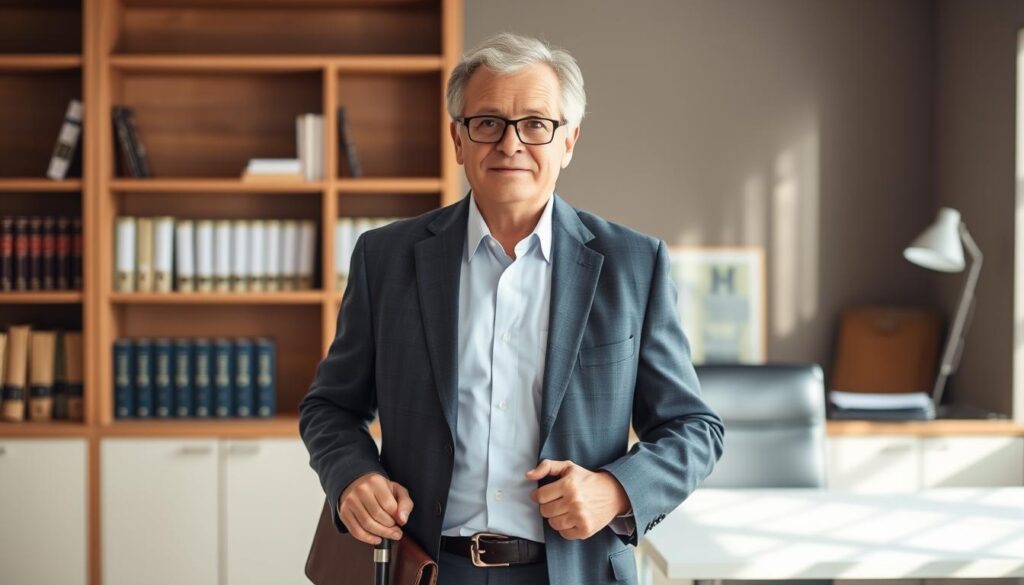 A middle-aged person with a briefcase and a cane, standing confidently in an office setting. The figure is wearing a well-tailored suit, conveying a sense of professionalism and expertise. The background features a bookshelf, a desk, and a window, suggesting a professional law office environment. The lighting is warm and natural, creating a sense of approachability and trust. The overall mood is one of capability, empathy, and a dedication to helping those in need, reflecting the role of a disability lawyer.
