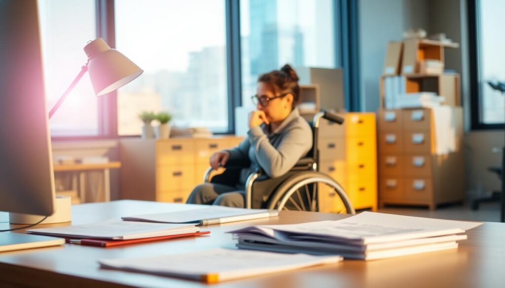 A modern office setting, bathed in warm, natural lighting that filters through large windows. In the foreground, a desk with a computer, files, and a desk lamp, symbolizing the administrative aspects of disability benefits. The middle ground features a person in a wheelchair, their face thoughtful as they review documents, representing the applicant seeking assistance. In the background, shelves and filing cabinets suggest the organized bureaucracy responsible for processing claims. The overall atmosphere conveys a sense of professionalism and empathy, with the lighting and composition creating a calming, contemplative mood.