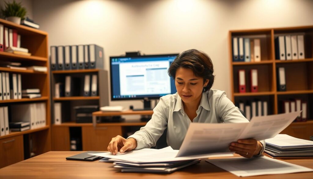 A modern office setting with a focused, professional atmosphere. In the foreground, a person sitting at a desk, studying papers and documents related to disability benefits eligibility. Their facial expression conveys concentration and determination. The middle ground features a computer monitor displaying relevant information and forms. In the background, shelves filled with binders and reference materials create a sense of authorized expertise. Warm, indirect lighting illuminates the scene, creating a sense of clarity and attention to detail. The overall mood is one of diligence, expertise, and a commitment to understanding the complex process of disability benefits eligibility.