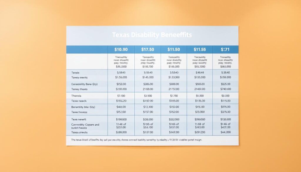 A neatly arranged Texas disability benefits pay chart, rendered in a clean, modern style with a subtle textural overlay. The chart is presented on a warm-toned, muted background, with carefully balanced lighting creating a sense of depth and dimension. The layout features well-defined sections, clean typography, and a harmonious color palette that conveys professionalism and authority. The chart displays relevant numerical data and information related to the disability benefits program, presented in an intuitive and easy-to-understand manner.