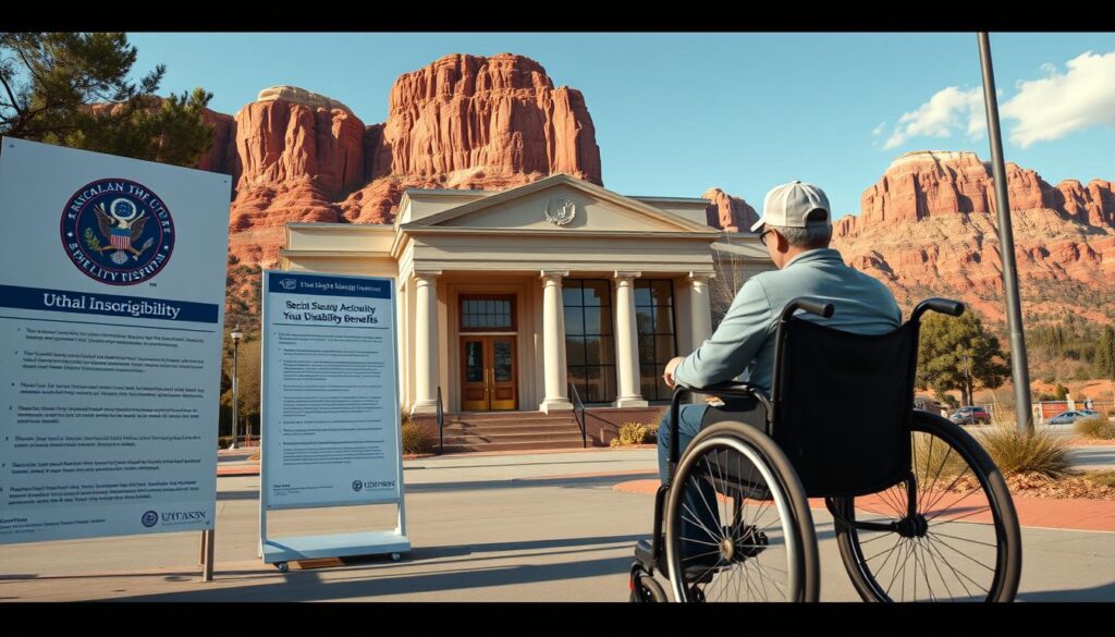 A photorealistic depiction of Utah's disability insurance eligibility requirements, captured through a wide-angle lens in natural lighting. In the foreground, a person in a wheelchair navigates through an urban landscape, surrounded by informational signage and brochures detailing the criteria for Social Security Disability benefits. The middle ground features a government office building, its facade adorned with the seal of the State of Utah. In the background, the iconic red rock formations of southern Utah provide a scenic backdrop, conveying a sense of rugged determination and perseverance. The overall atmosphere is one of informative clarity, with a subtle underlying tone of empowerment and accessibility.
