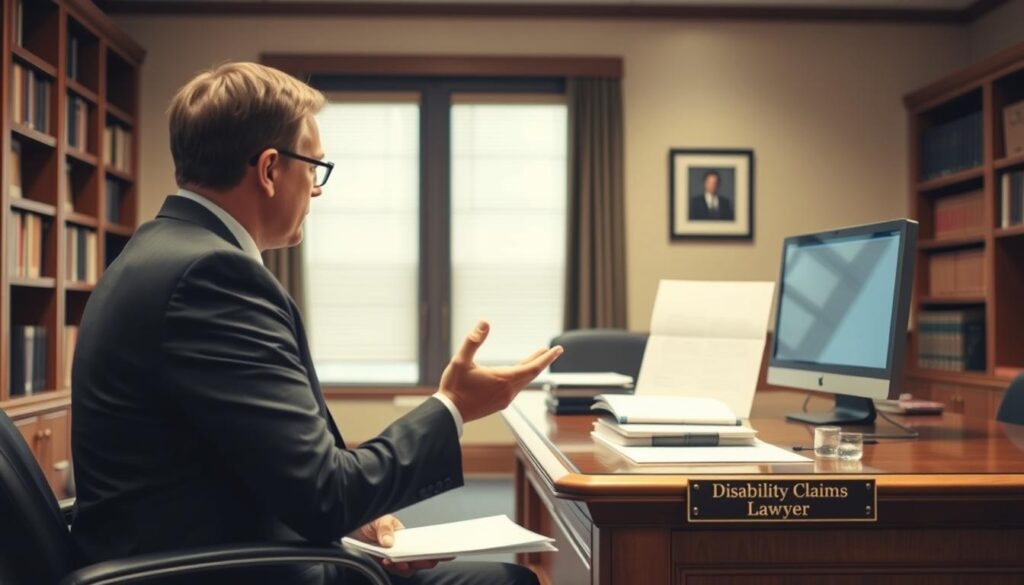 A professional, well-lit office interior with a large wooden desk and bookshelves lining the walls. On the desk, a computer, a stack of documents, and a nameplate that reads "Disability Claims Lawyer." In the foreground, a person in a business suit sits across from the desk, gesturing as they discuss fees and costs. The lighting is warm and inviting, creating a sense of professionalism and expertise. The overall scene conveys the expertise and services provided by a disability claims lawyer, highlighting the costs and considerations involved in hiring legal representation.