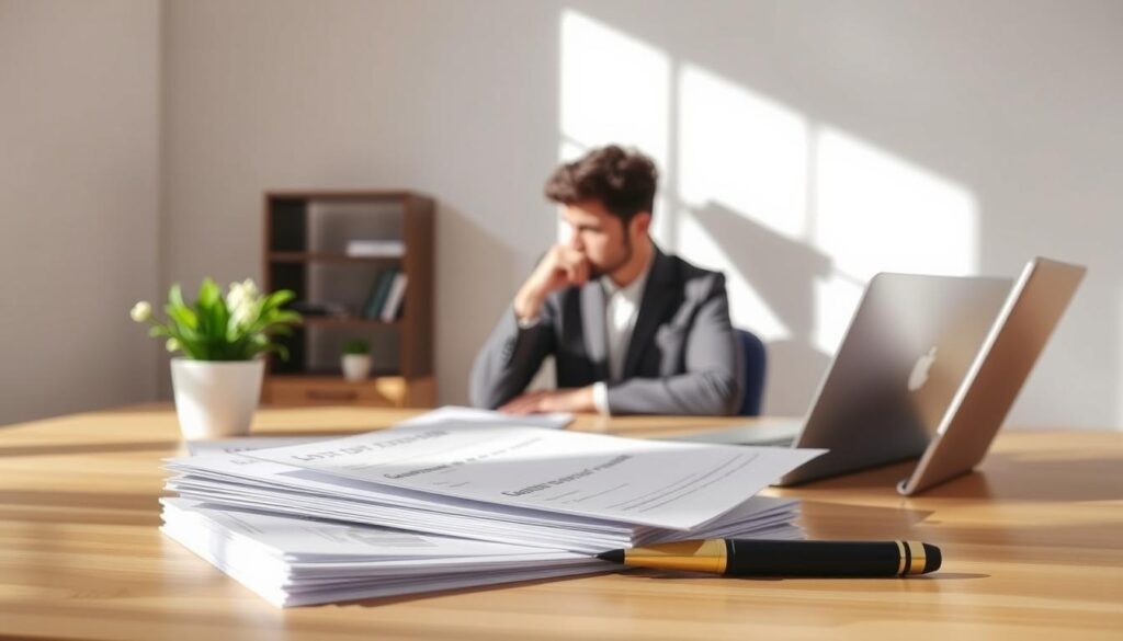 A serene, minimalist office setting with a wooden desk, a potted plant, and a laptop. Soft, natural lighting illuminates the scene, creating a calming atmosphere. In the foreground, a stack of documents and a pen symbolize the administrative aspects of disability benefits. The middle ground features a thoughtful individual, their gaze directed toward the laptop, contemplating the paperwork. The background is a muted, neutral tone, allowing the focus to remain on the central elements. The overall composition conveys a sense of contemplation, professionalism, and the process of navigating disability benefits.
