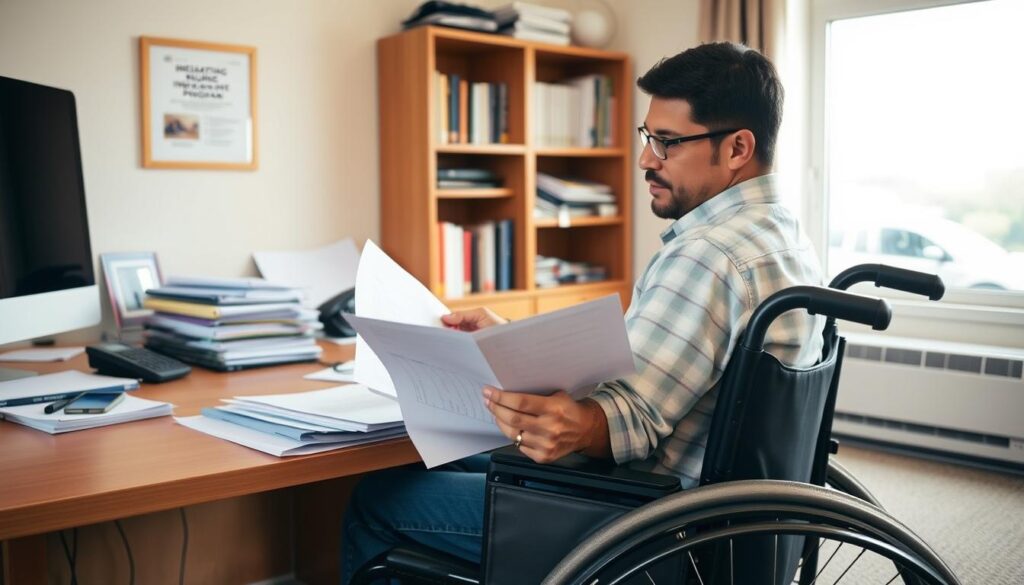 A serene office setting featuring a desk with stacks of documents, a computer, and a phone, all in a warm, natural lighting. In the foreground, a person in a wheelchair reviewing paperwork, their face expressing a thoughtful expression. The middle ground showcases a bookshelf with relevant insurance program materials, while the background reveals a window overlooking a rolling West Virginia landscape. The overall atmosphere conveys a sense of professionalism, care, and attention to detail in understanding the disability insurance programs available in the state.