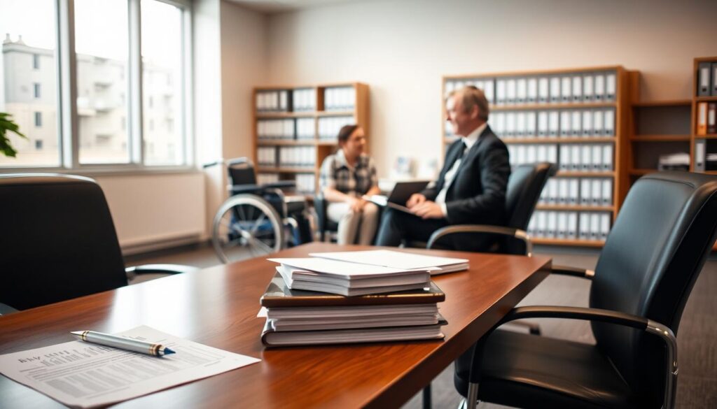A spacious office setting, with a desk and chairs in the foreground, illuminated by soft, natural lighting. On the desk, documents, a pen, and a laptop symbolize the disability application process. In the middle ground, a person in a wheelchair is engaging with a representative, their expressions conveying the gravity of the situation. The background features shelves of files, suggesting the administrative complexities of the process. The overall mood is professional yet empathetic, reflecting the importance of the topic.