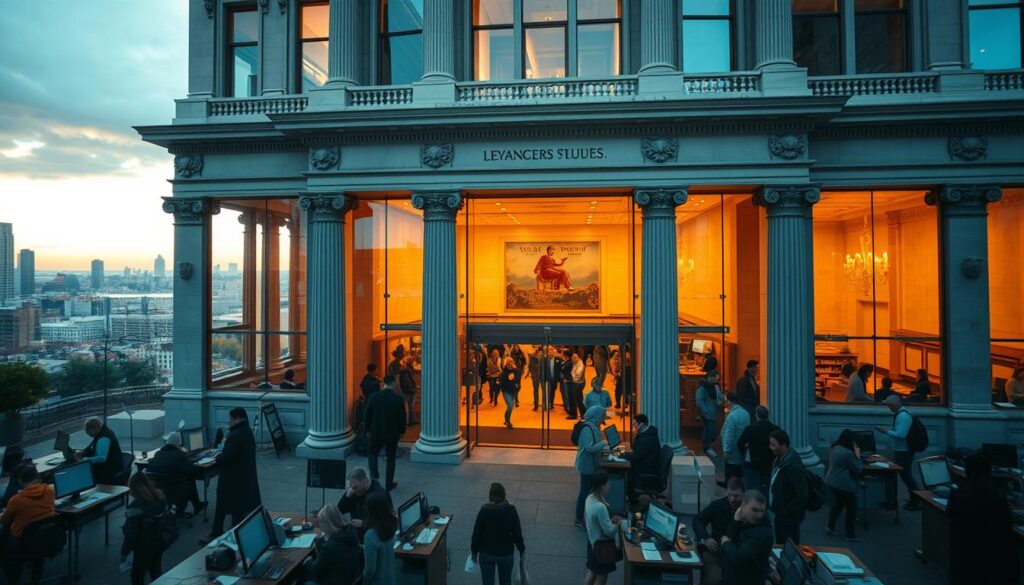 A sprawling government office building, its façade adorned with intricate columns and ornate details, stands against a backdrop of a bustling city skyline. Through the glass entryway, a steady stream of people enters and exits, seeking assistance with their social security disability claims. Warm lighting filters in, casting a subdued glow on the interior, where desks and terminals are manned by diligent staff, each dedicated to navigating the complex maze of regulations and procedures. The overall atmosphere conveys a sense of both the importance and the bureaucratic nature of this essential social safety net program.
