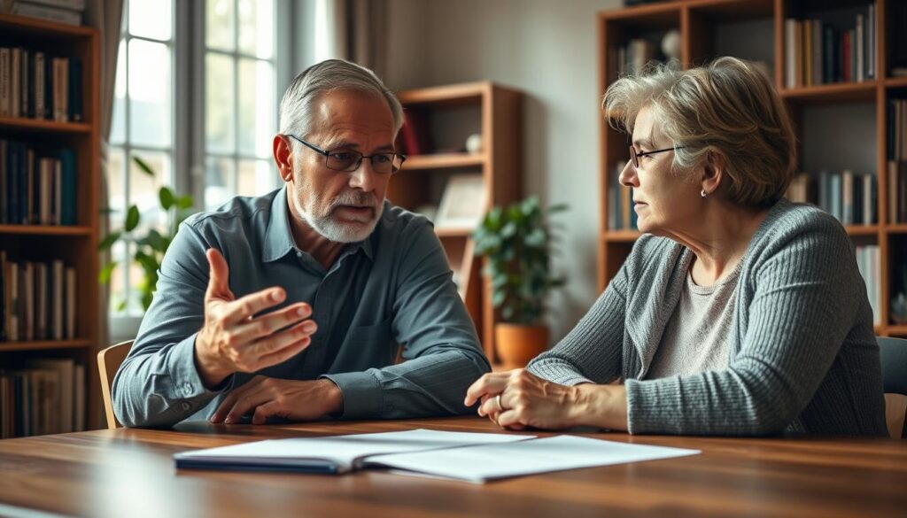 A thoughtful, middle-aged couple sitting at a table, deep in discussion. The man, with a serious expression, gestures with his hands as he explains something to his wife, who listens intently. The scene is set in a warm, sun-dappled home office, with bookshelves and a potted plant in the background, suggesting a contemplative, domestic atmosphere. The lighting is soft and natural, creating a sense of intimacy and concentration. The focus is on the couple's interaction, conveying the weight and complexity of the topic they are discussing - the impact of marriage on disability benefits.