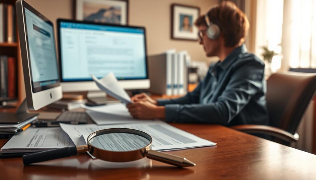 A well-lit office interior, a person sitting at a desk reviewing medical documents, surrounded by folders, files, and a computer displaying an online form. In the foreground, a magnifying glass and a pen, symbolizing the attention to detail required in the Crohn's disease disability application process. The lighting is warm and focused, creating a sense of seriousness and professionalism. The scene conveys the complex, meticulous nature of navigating the disability benefits system, with an emphasis on the preparation and organization needed to submit a successful application.
