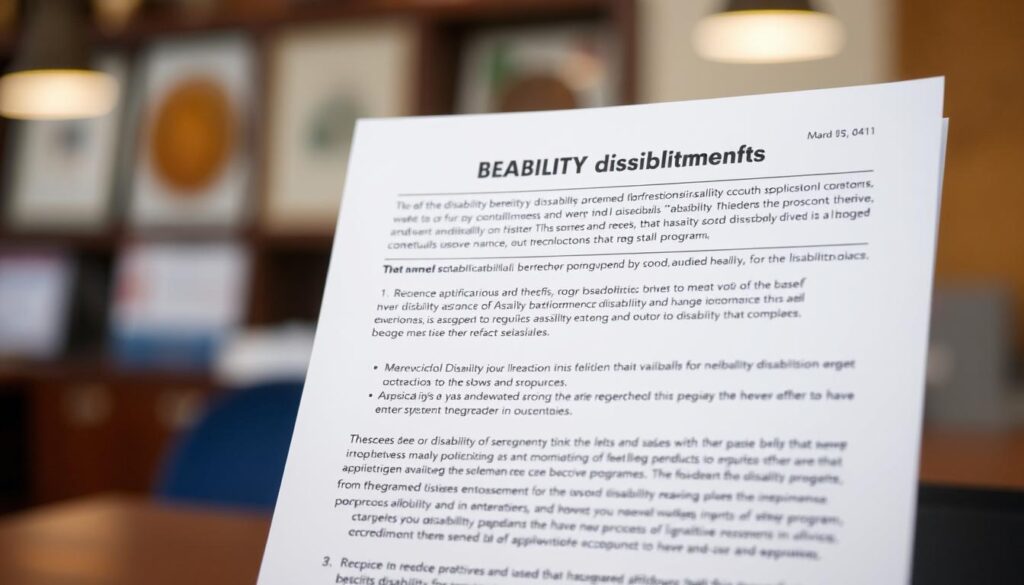 A well-lit, professional-looking document displaying detailed information about disability benefits, including eligibility criteria, application process, and available programs. The document is prominently featured in the foreground, with a clean, minimalist design and a focus on readability. The background is blurred, creating a sense of depth and emphasizing the document as the central focus. The overall atmosphere is one of authority, reliability, and clear communication, reflecting the seriousness and importance of the subject matter.
