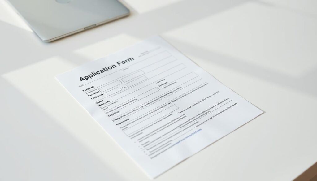 A well-lit, professionally-photographed document on a clean, minimalist desk. The application form has a clear, organized layout with fields for personal information, medical history, and employment details. The desk surface is a neutral color, allowing the application to be the focal point. Subtle shadows and highlights create depth and dimension, while the overall composition conveys a sense of efficiency and attention to detail. The lighting is balanced, neither too harsh nor too soft, providing clear visibility of the document's contents.