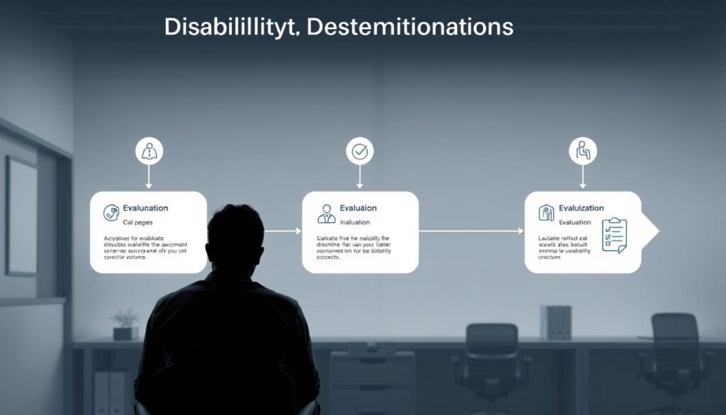 An intricate visual representation of the five-step disability determination process. In the foreground, a person sits contemplatively, their body language conveying the gravity of the situation. The middle ground showcases a series of interconnected steps, each represented by iconic symbols and illustrations that clearly depict the evaluation workflow. The background features a muted, professional office setting, with subtle cues hinting at the administrative nature of the process. The lighting is soft and even, creating a sense of seriousness and focus. The overall composition strikes a balance between the human element and the technical aspects of the determination process, inviting the viewer to engage with the complexities of this critical social system.