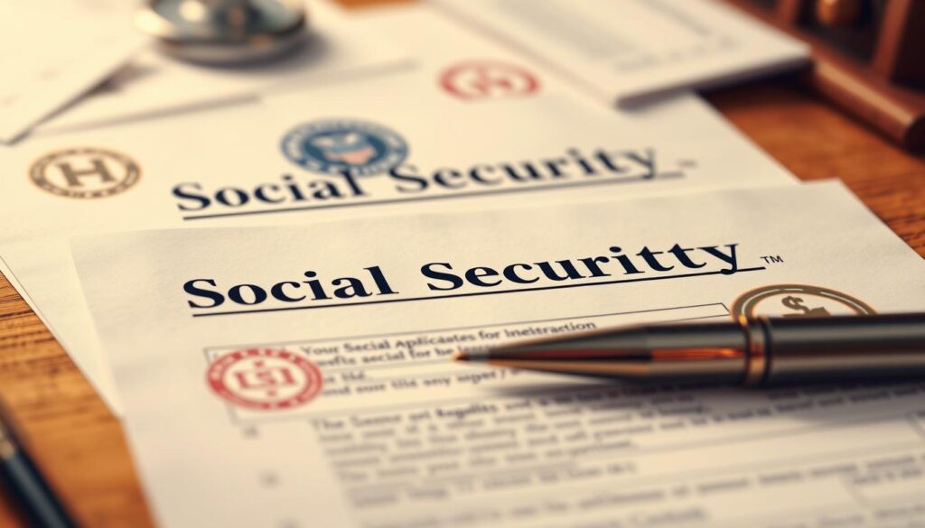 Detailed close-up illustration of Social Security disability benefits paperwork and forms, with a professional-looking desk surface in the background. Soft, warm lighting creates a serious, yet approachable atmosphere. Carefully arranged documents, stamps, and official seals convey the gravity and importance of the application process. Shallow depth of field focuses attention on the key elements, while hinting at the complexity of navigating the system. Subtle textures and shadows add depth and realism to the scene.