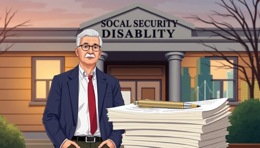 Detailed illustration of Social Security Disability benefits, depicting a middle-aged person in a business casual outfit standing in front of a government office building with a distinct signage. The scene is well-lit with a warm, professional atmosphere, shot from a slightly elevated angle to convey a sense of authority and importance. In the foreground, a stack of documents and a pen symbolize the administrative process, while the background features a city skyline to represent the broader social context. The overall composition aims to visually communicate the key differences between Social Security Disability and private disability insurance.