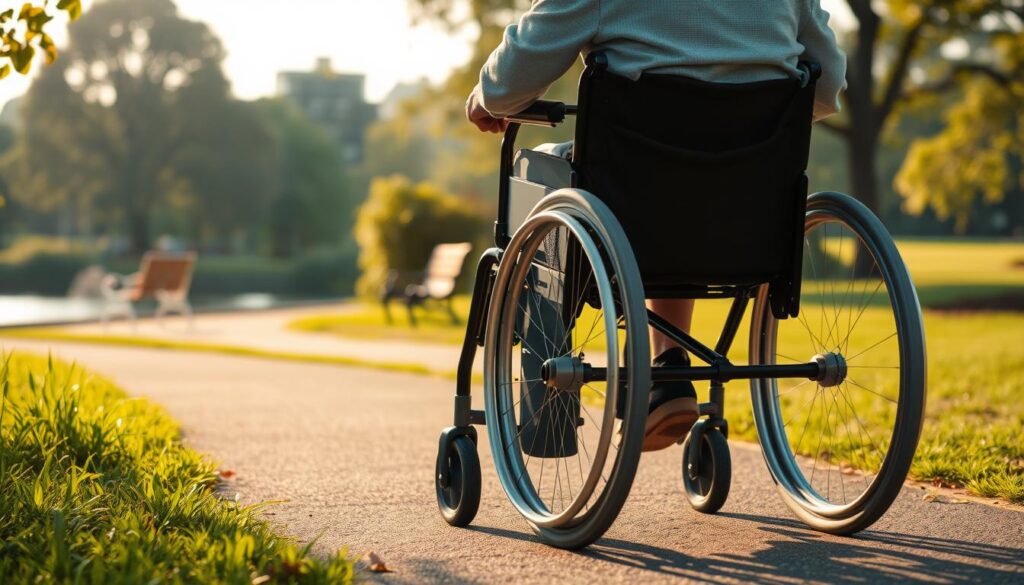 Disability benefits transition: a tranquil, sun-dappled scene showing a middle-aged person in a wheelchair rolling along a peaceful path, flanked by lush greenery and serene water features. The foreground showcases the person's wheelchair, its modern design and accessibility features. In the middle ground, a gentle slope leads to a welcoming park bench, symbolizing the transition from disability benefits to retirement. The background features a soft, blurred cityscape, hinting at the broader societal context. Warm, natural lighting casts a serene glow, conveying a sense of hope and new beginnings.