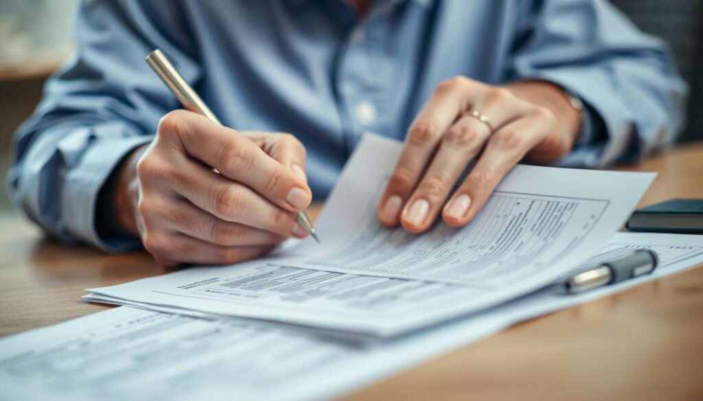 Vivid closeup of a senior person's hands filling out paperwork for Social Security Disability Benefits. Soft, warm lighting illuminates the intricate details of the documents, conveying a sense of serious contemplation. The background is a blurred, neutral office setting, placing the focus squarely on the crucial task at hand. Crisp, high-resolution details capture the gravity and importance of securing crucial financial assistance. Subtle textures and warm tones evoke a sense of reliability and trust in the Social Security system.