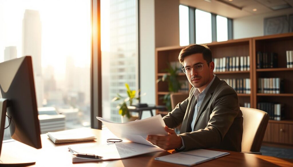 Warm, natural lighting illuminates a modern office setting, with a large window overlooking a bustling cityscape. In the foreground, a person sits at a desk, reviewing documents related to disability insurance eligibility. Their expression conveys a sense of focus and determination. The desk is neatly organized, with a computer, pen, and a stack of papers. In the background, bookshelves line the walls, suggesting a professional, authoritative environment. The overall atmosphere is one of efficiency, expertise, and a commitment to providing guidance on the complexities of disability insurance eligibility.