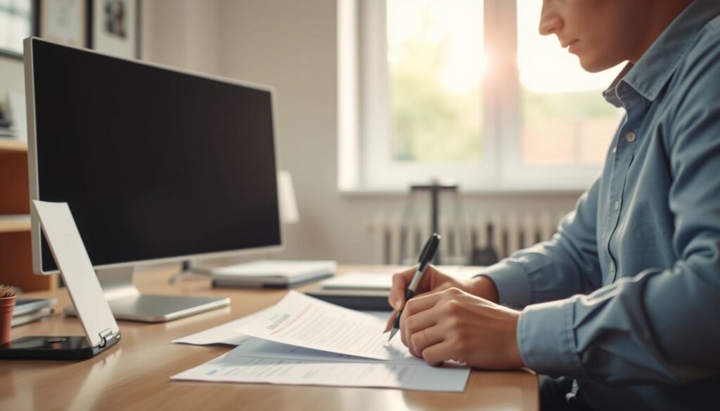 A clean, well-lit office space with a computer, documents, and a person sitting at a desk, filling out an application form. The person's face is not visible, but their hands are focused on the task at hand. Soft, natural lighting filters in through a window, casting a warm glow on the scene. The background is blurred, hinting at the seriousness and importance of the application process. The image conveys a sense of diligence, professionalism, and the gravity of the disability benefits application.