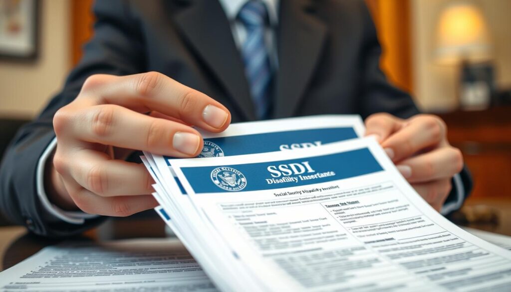 A close-up view of a person's hands holding a stack of official-looking documents related to Social Security Disability Insurance (SSDI) benefits. The documents have a blue and gray color scheme, with detailed logos and text. The background is blurred, but suggests a professional office setting with wooden accents and warm lighting. The mood is one of focus and attention to detail, as the person examines the SSDI paperwork. The composition highlights the importance and complexity of navigating the SSDI system, emphasizing the challenges spouses may face in understanding how their income affects benefits.
