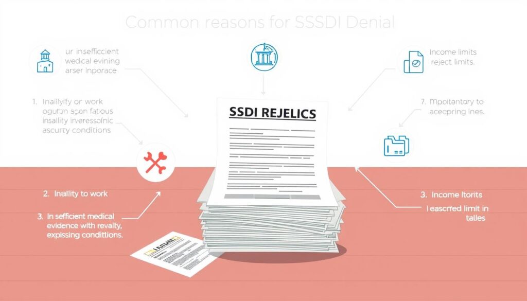 A detailed, technical illustration of common reasons for SSDI denial, presented in a clean, informative manner. A clear, well-lit scene with a modern, minimalist aesthetic, showcasing a stack of official government documents and forms, surrounded by icons or symbols representing various rejection criteria like "insufficient medical evidence," "inability to work," "pre-existing conditions," and "income limits." The visual elements should be arranged in a visually balanced, easy-to-comprehend layout, with a subtle, muted color palette that conveys a sense of professionalism and authority. The overall atmosphere should feel authoritative, factual, and designed to educate and inform the viewer.