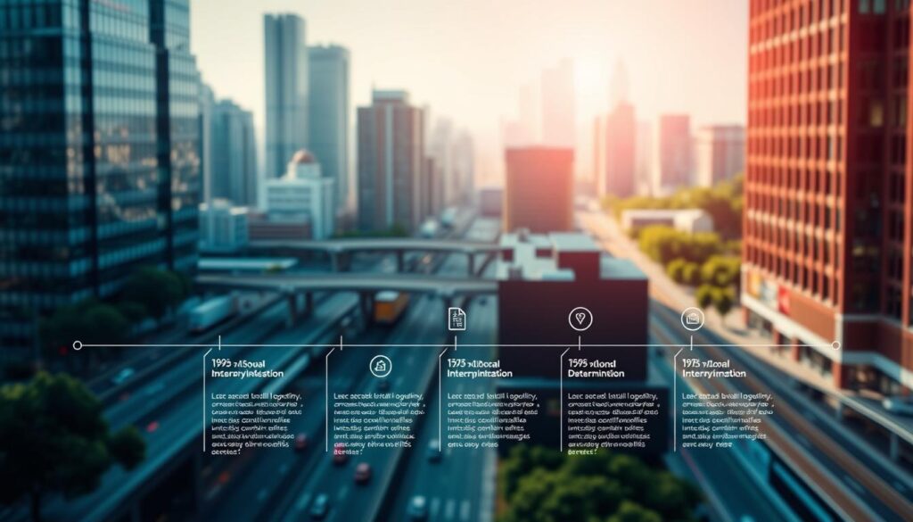 A detailed timeline unfurling against a backdrop of a vibrant, modern cityscape. In the foreground, a series of crisp, well-defined icons representing the key stages of the Social Security Disability Benefits process - from initial application to final determination. Midground features a clean, minimalist infographic with clear, easy-to-follow milestones. The background showcases a bustling urban environment, with skyscrapers, bridges, and a hint of lush greenery, conveying a sense of progress and forward momentum. Lighting is soft and diffused, creating a calming, informative atmosphere. The overall composition is sleek, balanced, and visually striking, effectively communicating the complex Social Security Disability Benefits timeline.