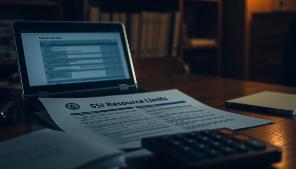 A dimly lit office setting, with a wooden desk and a laptop. On the desktop, a document labeled "SSI Resource Limits" is open, its contents visible but blurred. In the foreground, a subtle stack of papers and a calculator, conveying a sense of financial analysis and record-keeping. The lighting is warm and muted, creating an atmosphere of focused contemplation. The background is slightly out of focus, hinting at the broader context of the topic, perhaps with a bookshelf or file cabinet visible in the distance. The overall mood is one of thoughtful consideration of the financial eligibility requirements for SSI benefits.