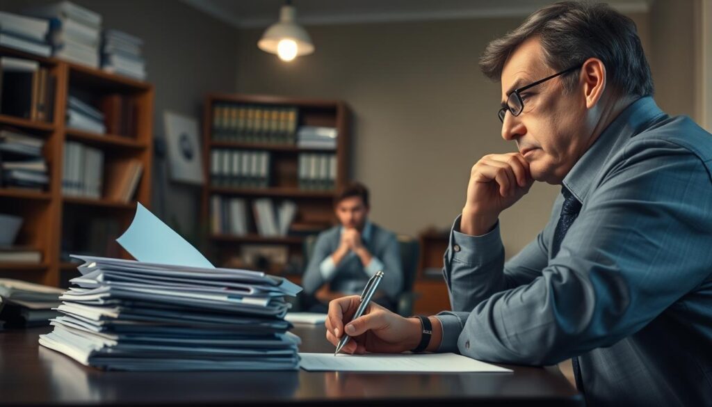 A dimly lit office space, the air thick with anticipation. In the foreground, a desk with a stack of folders, a pen poised over a form, and a contemplative expression on the face of the caseworker. The middle ground reveals a person sitting across the desk, their hands clasped, a mix of hope and trepidation etched on their features. In the background, the walls are lined with shelves, filled with documents and legal tomes, casting a sense of gravity upon the proceedings. The lighting is soft, creating a sense of intensity and focus, as the caseworker carefully considers the details of the social security disability claim.