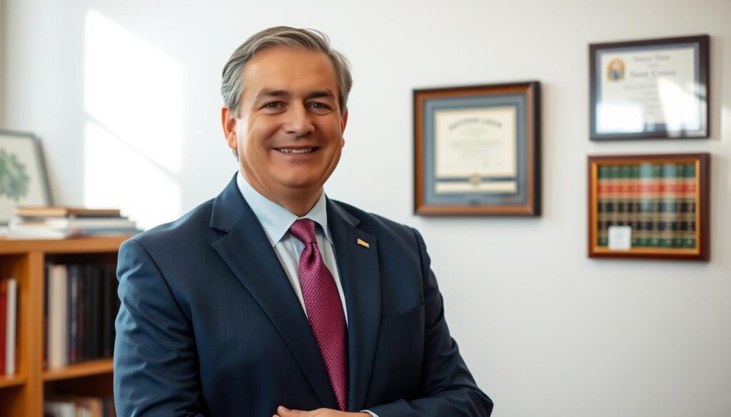 A middle-aged, confident disability lawyer in a sharp, navy blue suit stands in their office in downtown Jacksonville, Florida. The lawyer's face exudes empathy and professionalism, ready to advocate for their clients. Soft, natural lighting illuminates the lawyer's features, while the background showcases bookshelves, legal documents, and a framed certificate on the wall, conveying expertise and authority. The overall tone is one of reassurance and competence, reflecting the lawyer's commitment to helping individuals navigate the complexities of disability benefits.