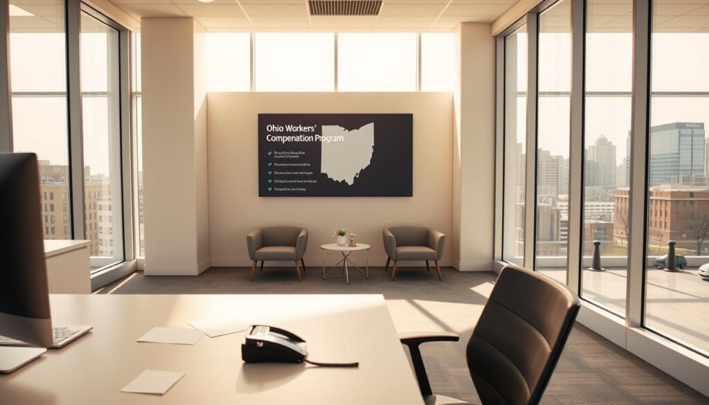 A modern, clean-lined office interior with abundant natural light streaming through large windows. In the foreground, a desk with a computer, paperwork, and a phone, symbolizing the administrative work of the Ohio Workers' Compensation Program. Behind it, a wall display showcases the program's logo and key information about the disability insurance application process. The mid-ground features a seating area with comfortable chairs, evoking a welcoming environment for applicants. The background depicts a cityscape of downtown Columbus, Ohio, the state capital, to establish the geographical context. Soft, neutral tones, and subtle textures create a professional, yet approachable atmosphere.